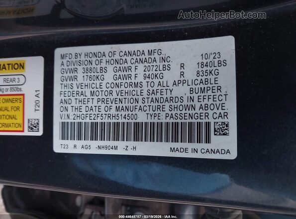 2HGFE2F57RH514500 2024 HONDA CIVIC Серый Вид подкапотного пространства