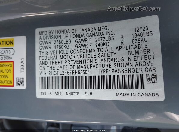 2HGFE2F57RH535041 2024 HONDA CIVIC Light Blue Widok komory silnika