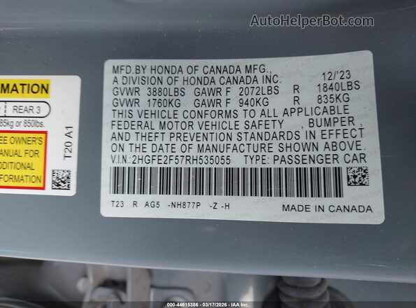 2HGFE2F57RH535055 2024 HONDA CIVIC Gray Widok komory silnika
