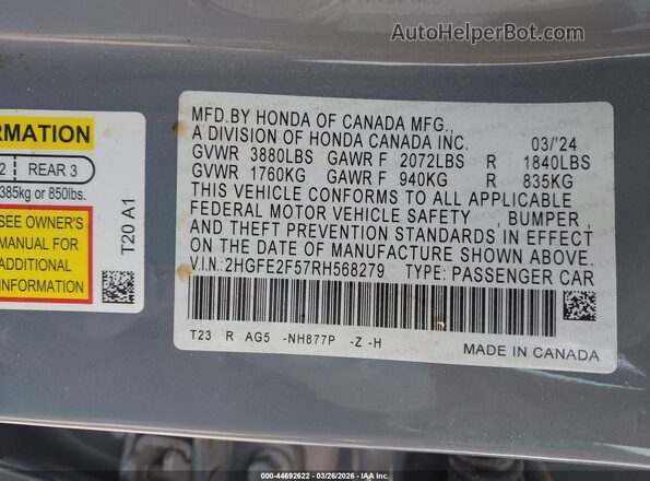 2HGFE2F57RH568279 2024 HONDA CIVIC Серый Вид подкапотного пространства
