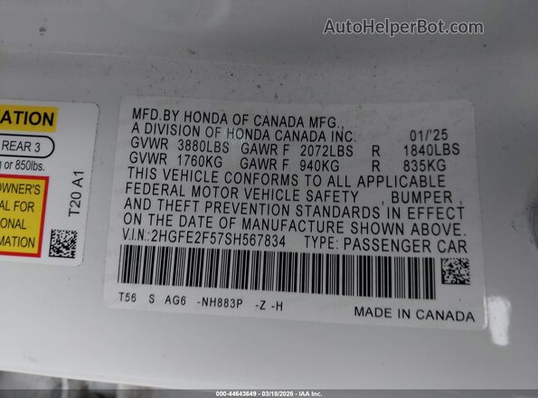 2HGFE2F57SH567834 2025 HONDA CIVIC White Вид підкапотного простору