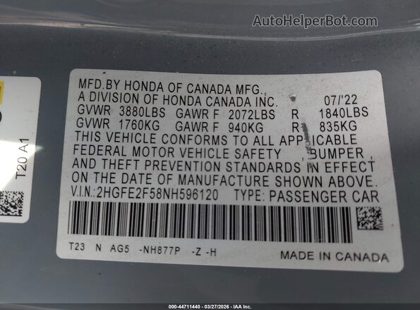 2HGFE2F58NH596120 2022 HONDA CIVIC Blue Շարժիչի բաժամունքի տեսք
