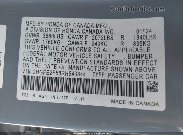 2HGFE2F58RH543844 2024 HONDA CIVIC Gray Widok komory silnika
