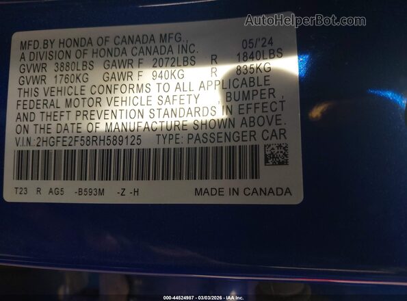 2HGFE2F58RH589125 2024 HONDA CIVIC Blue Vista del compartimento del motor