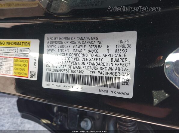 2HGFE2F58TH535492 2026 HONDA CIVIC Black Vista del compartimento del motor