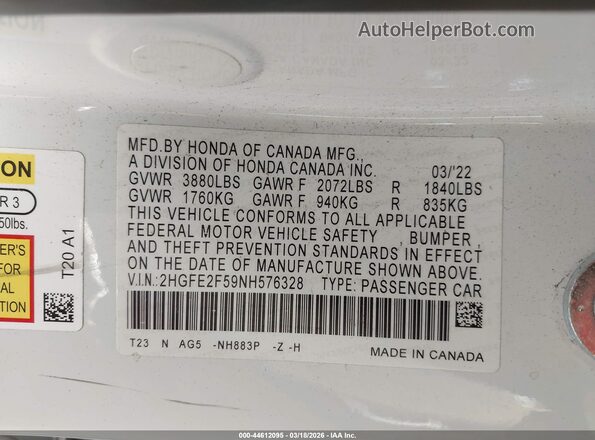 2HGFE2F59NH576328 2022 HONDA CIVIC White Вид підкапотного простору