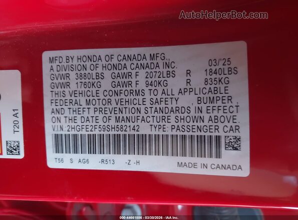 2HGFE2F59SH582142 2025 HONDA CIVIC Красный Вид подкапотного пространства