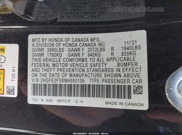 2HGFE2F5XNH550109 2022 HONDA CIVIC Black Շարժիչի բաժամունքի տեսք