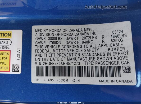 2HGFE2F5XRH571273 2024 HONDA CIVIC Синий Вид подкапотного пространства