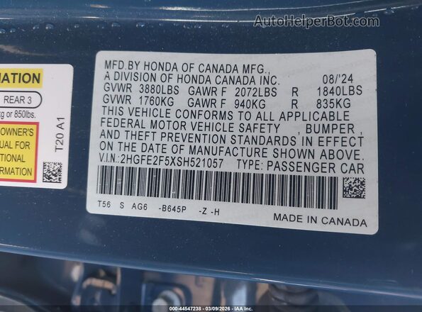 2HGFE2F5XSH521057 2025 HONDA CIVIC Синий Вид подкапотного пространства