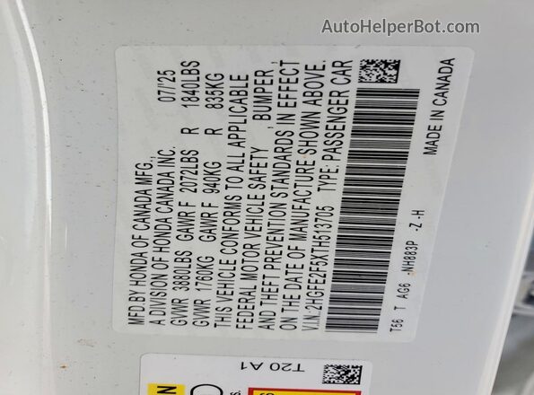 2HGFE2F5XTH513705 2026 HONDA CIVIC Белый Вид наклейки с VIN-кодом