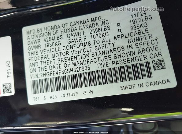 2HGFE4F80SH320905 2025 HONDA CIVIC HYBRID Черный Вид подкапотного пространства