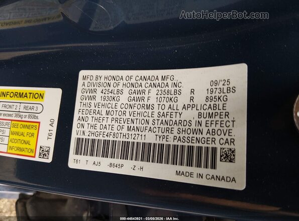 2HGFE4F80TH312711 2026 HONDA CIVIC HYBRID Синий Вид подкапотного пространства