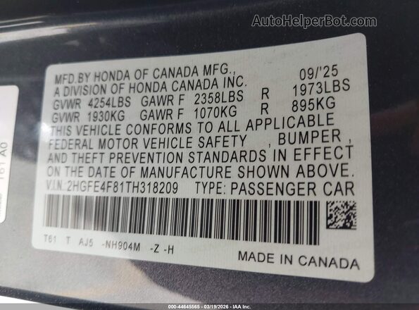 2HGFE4F81TH318209 2026 HONDA CIVIC HYBRID Серый Вид подкапотного пространства