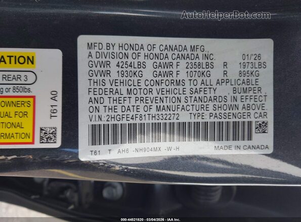 2HGFE4F81TH332272 2026 HONDA CIVIC HYBRID Gray Вид підкапотного простору