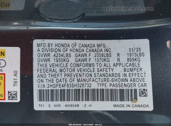 2HGFE4F83SH326732 2025 HONDA CIVIC HYBRID Черный Вид подкапотного пространства