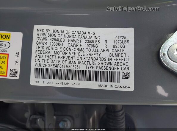 2HGFE4F84TH305261 2026 HONDA CIVIC HYBRID Серый Вид подкапотного пространства