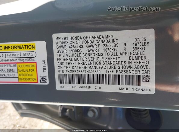 2HGFE4F85TH303860 2026 HONDA CIVIC HYBRID Gray Вид підкапотного простору