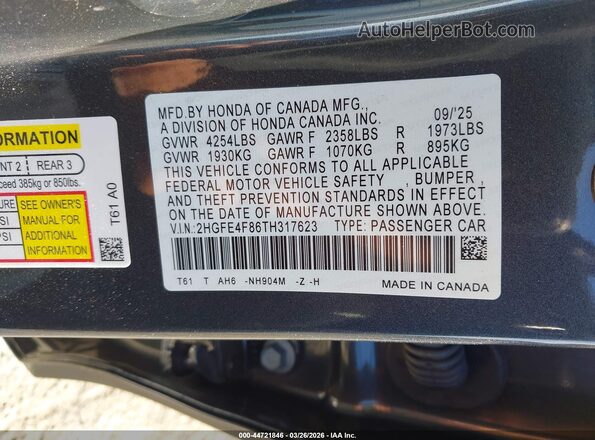 2HGFE4F86TH317623 2026 HONDA CIVIC HYBRID Черный Вид подкапотного пространства
