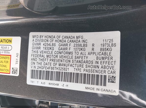 2HGFE4F86TH325821 2026 HONDA CIVIC HYBRID Серый Вид подкапотного пространства