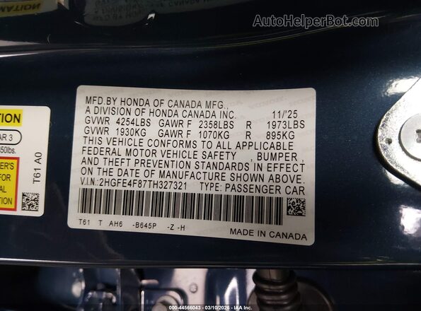 2HGFE4F87TH327321 2026 HONDA CIVIC HYBRID Синий Вид подкапотного пространства