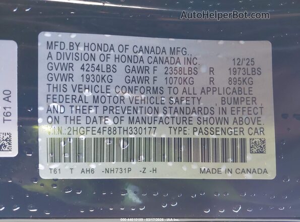 2HGFE4F88TH330177 2026 HONDA CIVIC HYBRID Black ძრავის განყოფილების ხედი
