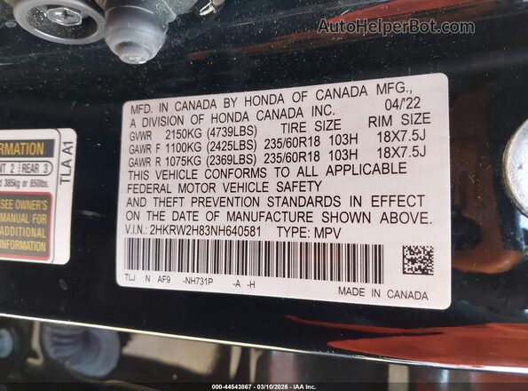 2HKRW2H83NH640581 2022 HONDA CR-V Черный Вид подкапотного пространства