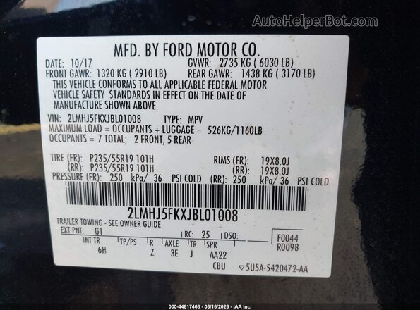 2LMHJ5FKXJBL01008 2018 LINCOLN MKT Черный Вид подкапотного пространства