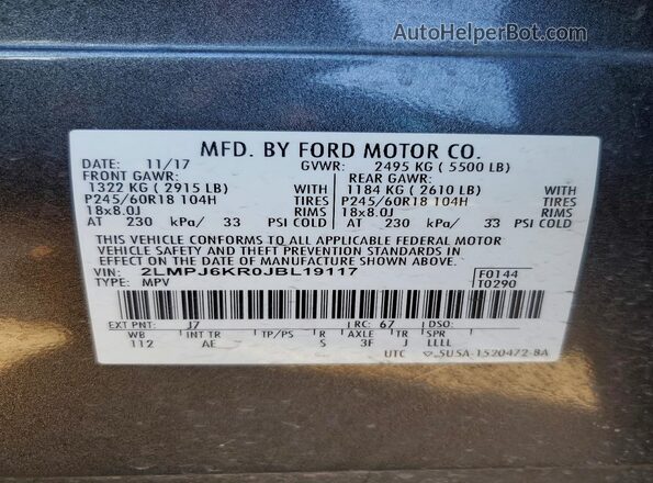 2LMPJ6KR0JBL19117 2018 LINCOLN MKX Черный Вид наклейки с VIN-кодом