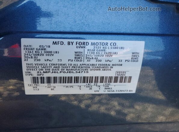 2LMPJ6LP0JBL34715 2018 LINCOLN MKX Blue VIN sticker view
