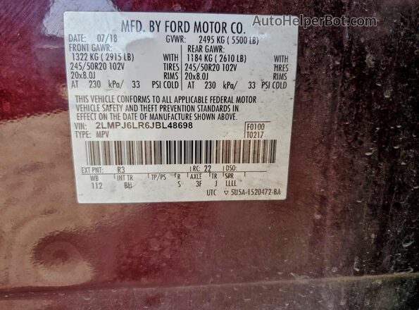 2LMPJ6LR6JBL48698 2018 LINCOLN MKX Burgundy Вид підкапотного простору