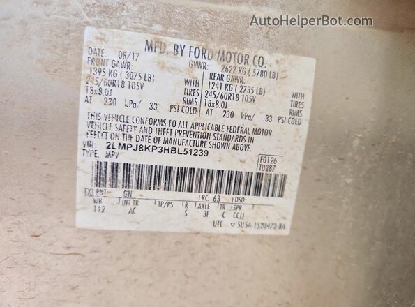 2LMPJ8KP3HBL51239 2017 LINCOLN MKX Золотой Вид подкапотного пространства