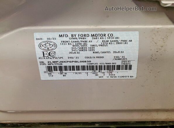 2LMPJ8KP6PBL06830 2023 LINCOLN NAUTILUS Beige VIN կոդի պիտակի տեսք