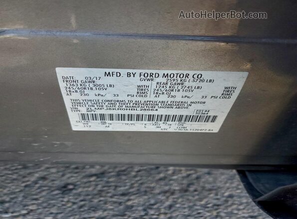 2LMPJ8KR0HBL28664 2017 LINCOLN MKX Серый Вид наклейки с VIN-кодом
