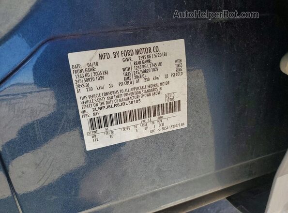 2LMPJ8LR8JBL38105 2018 LINCOLN MKX Blue Widok naklejki z numerem VIN
