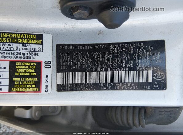2T1BURHE0GC488948 2016 TOYOTA LL Silver Vista del compartimento del motor