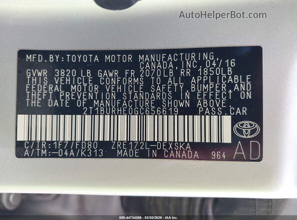 2T1BURHE0GC656619 2016 TOYOTA LL Silver Widok komory silnika