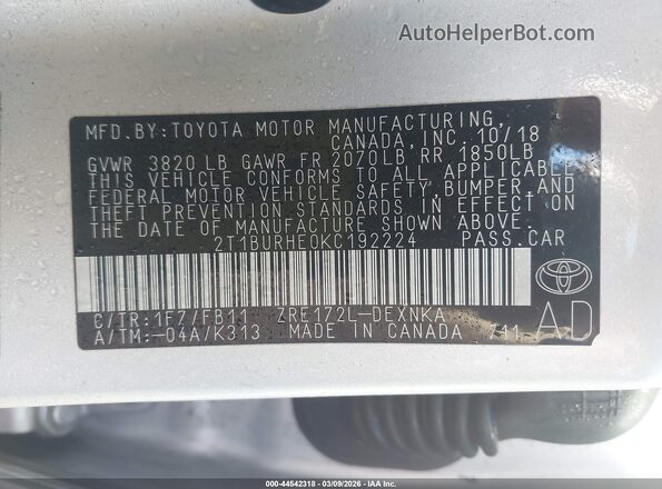 2T1BURHE0KC192224 2019 TOYOTA LL Серебряный Вид задних сидений