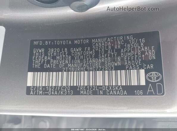 2T1BURHE1HC772803 2017 TOYOTA LL Серый Вид подкапотного пространства