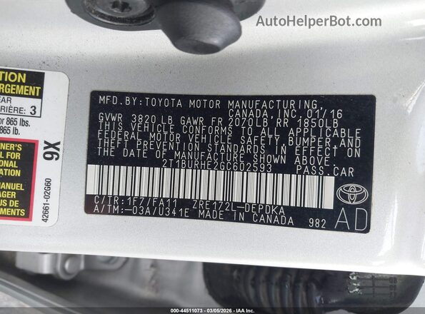 2T1BURHE2GC602593 2016 TOYOTA LL Silver Widok komory silnika
