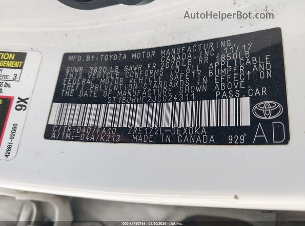 2T1BURHE2JC024311 2018 TOYOTA LL White Вид підкапотного простору