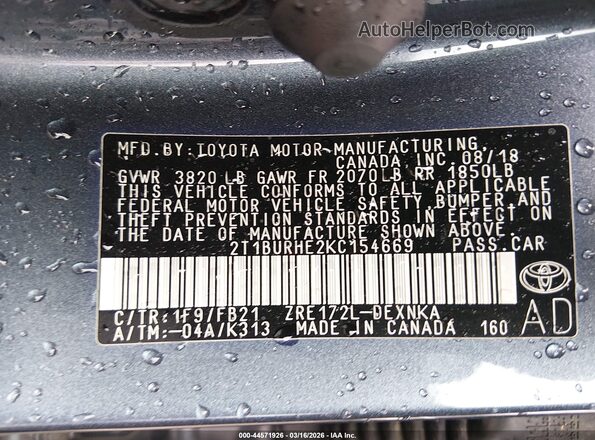 2T1BURHE2KC154669 2019 TOYOTA LL Серый Вид подкапотного пространства
