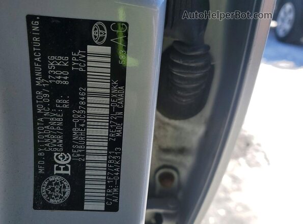 2T1BURHE4JC978462 2018 TOYOTA LL Gray Vista de la etiqueta del VIN