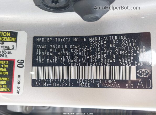 2T1BURHE5HC847678 2017 TOYOTA LL Серебряный Вид подкапотного пространства