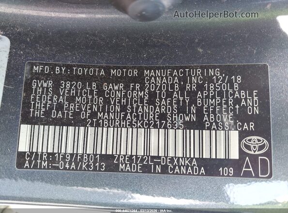 2T1BURHE5KC217635 2019 TOYOTA LL Gray Вид підкапотного простору