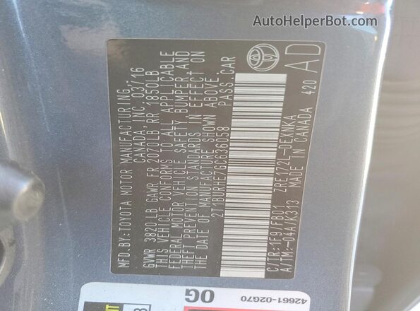 2T1BURHE7GC636058 2016 TOYOTA LL Charcoal Engine compartment view