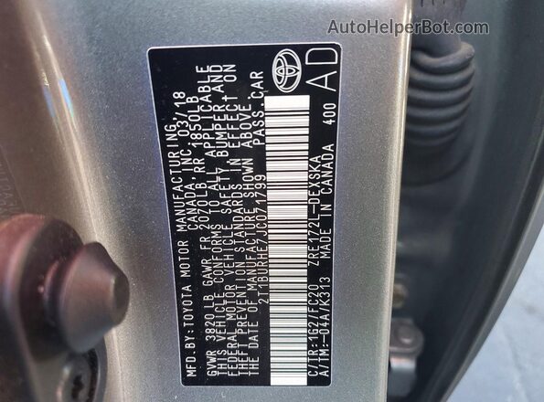 2T1BURHE7JC071799 2018 TOYOTA LL Серый Вид наклейки с VIN-кодом