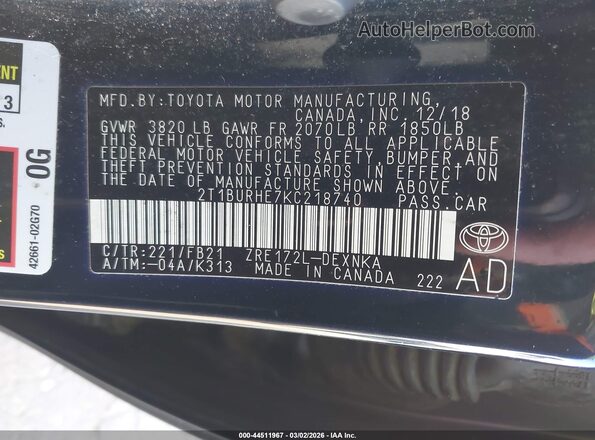 2T1BURHE7KC218740 2019 TOYOTA LL Green Vista del compartimento del motor