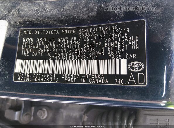 2T1BURHE8JC067101 2018 TOYOTA LL Blue Vista del compartimento del motor