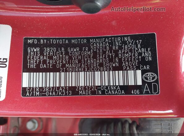 2T1BURHEXJC028803 2018 TOYOTA LL Red Вид підкапотного простору